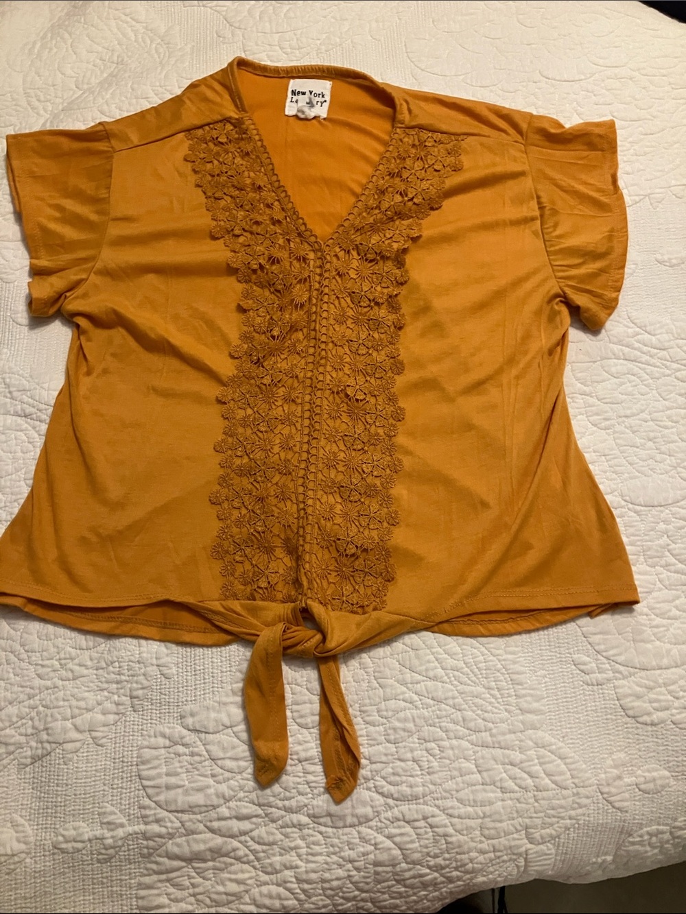 New York Laundry Mustard Yellow Floral Lace Front Tie Top